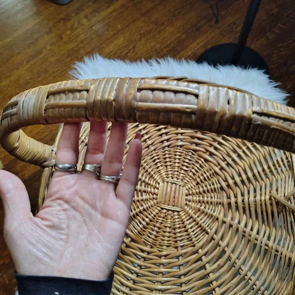 Wicker VTG Flower Gathering Basket W Curved Handle & Graceful Scooped Sides